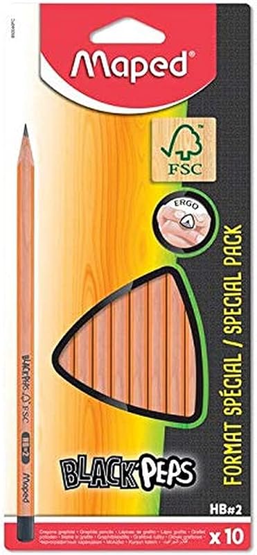 Maped - 10 Black'Peps Graphite Pencils - 10 HB Painted Tip Pencils - Ergonomic and Triangular - Wooden Pencils