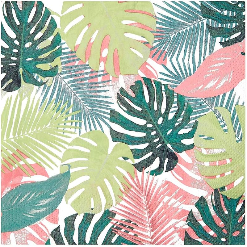 Pastel Tropical Palm Leaves Napkins | Disposable Napkins for Indoor or Outdoor Dinner, Birthday, Garden Party,