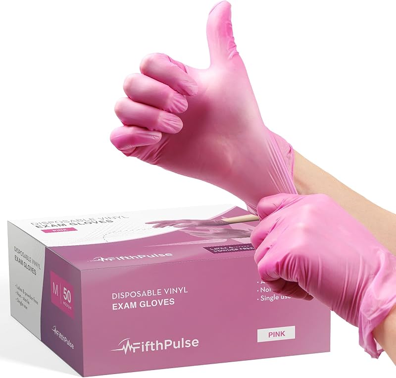 FifthPulse Lot de 50 gants jetables en vinyle rose moyen - Gants d'examen médical sans latex, sans poudre - Ga