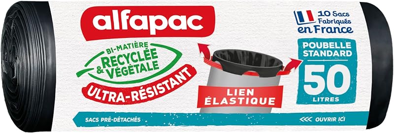 Alfapac - 10 Bin Liners - Elastic Tie - Heavy Duty - 50L | Elastic link to attach the bag to the bin – made in