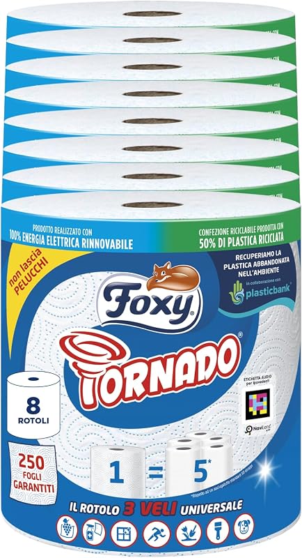 Foxy Tornado | Universal tumble dryer 8 pieces, 250 tears per roll at 3 ply | 100% FSC certified paper | 100%