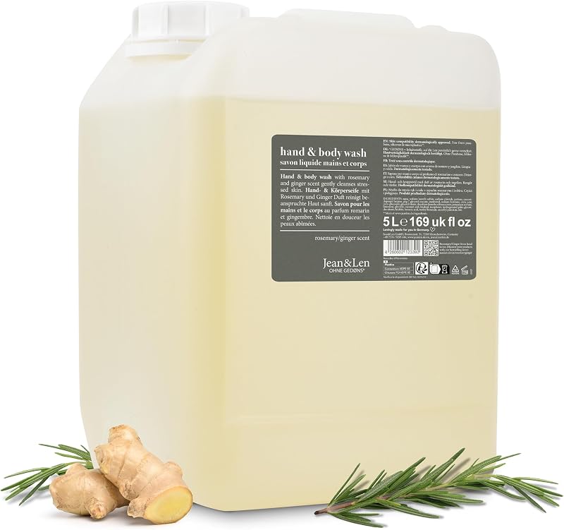 Jean & Len Hand & Body Wash Rosemary and Ginger in Can, Cleans and Cares Skin, Fresh and Spicy Scent, Liquid S
