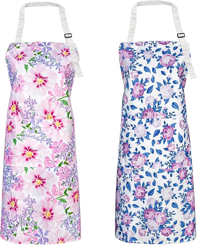 FunChaos 2 Pieces Kitchen Aprons for Women, Floral Aprons with 2 Pockets, Chef Apron for Cooking, Baking, Gard