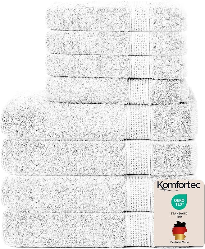 Komfortec 8-Piece Towel Set, 4 Bath Towels 70 x 140 cm and 4 Hand Towels 50 x 100 cm, 100% Cotton, White