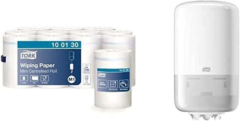 Tork 100130 Advanced Wiping Paper - White - 1 Ply - Pack of 11 Rolls - 11 Rolls - 11 x 120m & Tork 558000 Mini