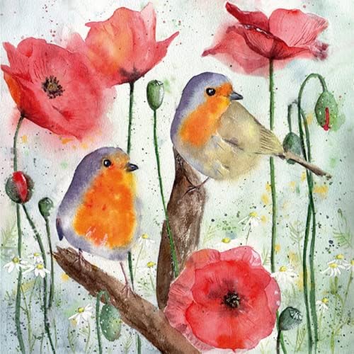 Pack of 20 Birds and Poppies Paper Napkins Table Decoration 33 x 33 cm