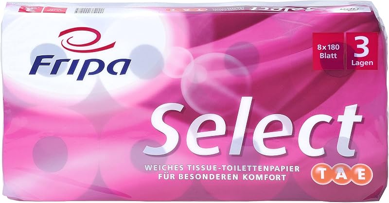 Fripa Select Toilet Paper TAE 3-Ply 100% Cellulose PEFC Certified White (Pack of 8)
