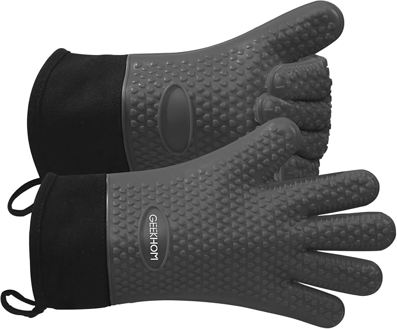 Anti Heat Resistant BBQ Gloves - GEEKHOM Silicone Cooking Gloves for Oven, Grill, Griddle and Smoker, Waterpro