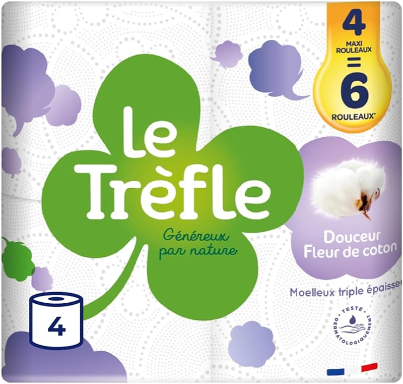 Le Clover Douceur Cotton Flower, 4 Rolls of Toilet Paper, 3 Ply | 4 Maxi Rolls = 6 Classic Rolls, with Cotton