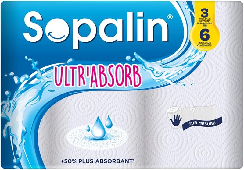 Sopalin Ultr'Absorb – 3 Maxi Rolls Equal to 6 Classic Rolls – 50% More Absorbent – Maxi Rolls 2 Times Longer –