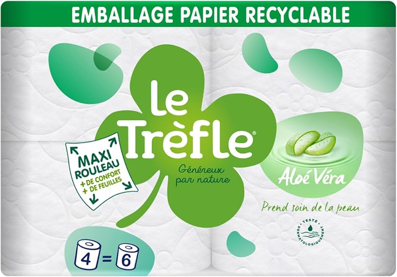 Le Clover Aloé Vera, 4 Rolls of Toilet Paper, 3 Ply | 4 Maxi Rolls = 6 Classic Rolls, Cellulose Wadding, with