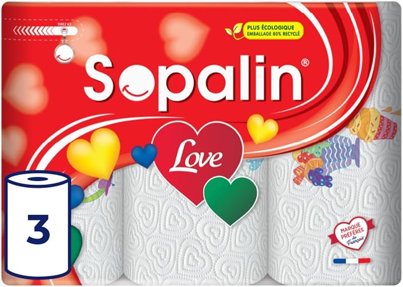 Sopalin Love, 3 Rolls Kitchen Towel, 2 Ply | 47 Sheets per Roll, Decorated with a Heart-Shaped Texture, White