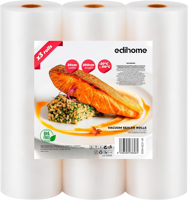 Edihome, Food Vacuum Bag, 3 Rolls, 20 x 300 cm, Pouch, BPA-Free, Food Vacuum Cleaner, Preservation, for Kitche