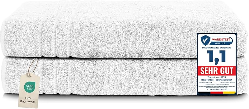 Komfortec Set of 2 Sauna Towels 80 x 200 cm 100% Cotton XXL - Large Sauna Towels Soft Quick Dry White