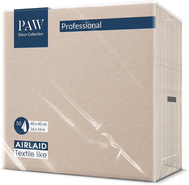 PAW Paper Napkin – Airlaid (40 x 40 cm) Monocolour, Beige – Decoration for Birthday, Wedding, Baptism Boy and 