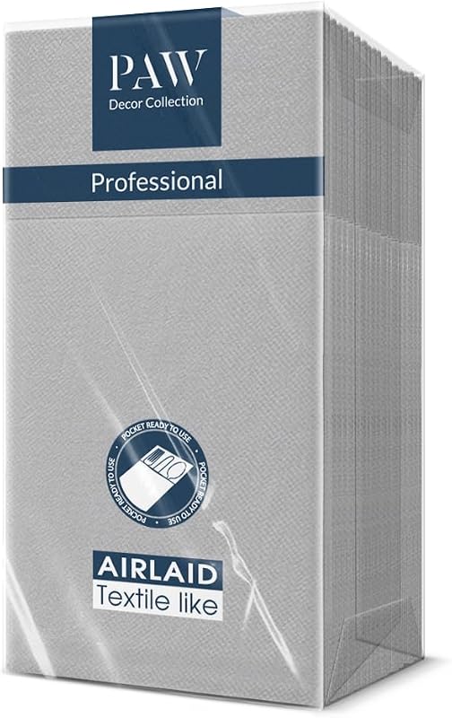PAW Airlaid Paper Napkins. 40 x 40 cm. Foldable 1/8 -25 pieces HoReCa. Table Decoration. Plain, Silver - The t