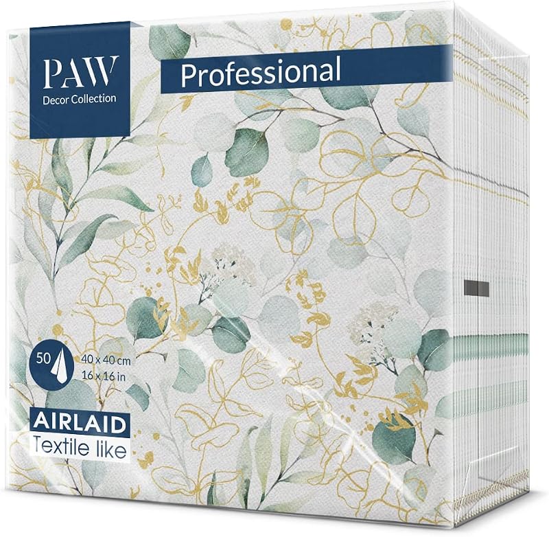 PAW Airlaid Paper Napkins. 40 x 40 cm. 50 pieces. HoReCa. Table decoration. Leaves, Eucalyptus, fabric structu