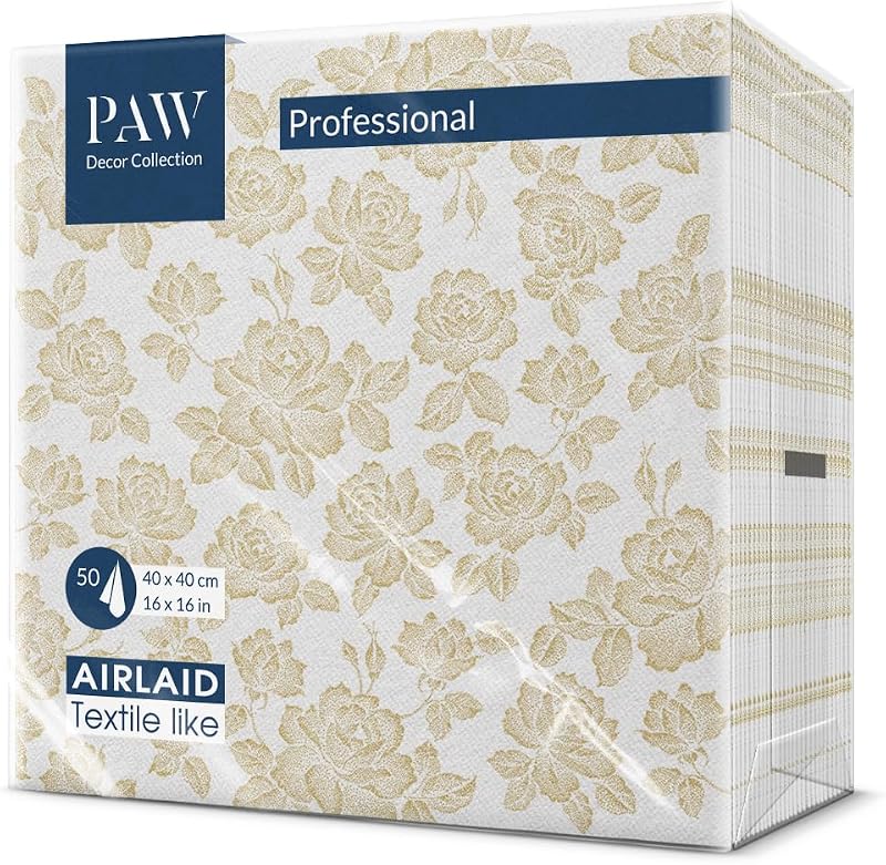 PAW Paper Napkin – Airlaid (40 x 40 cm) I Classic Ornament, Gold, Roses Decoration for Birthday, Wedding, Chri