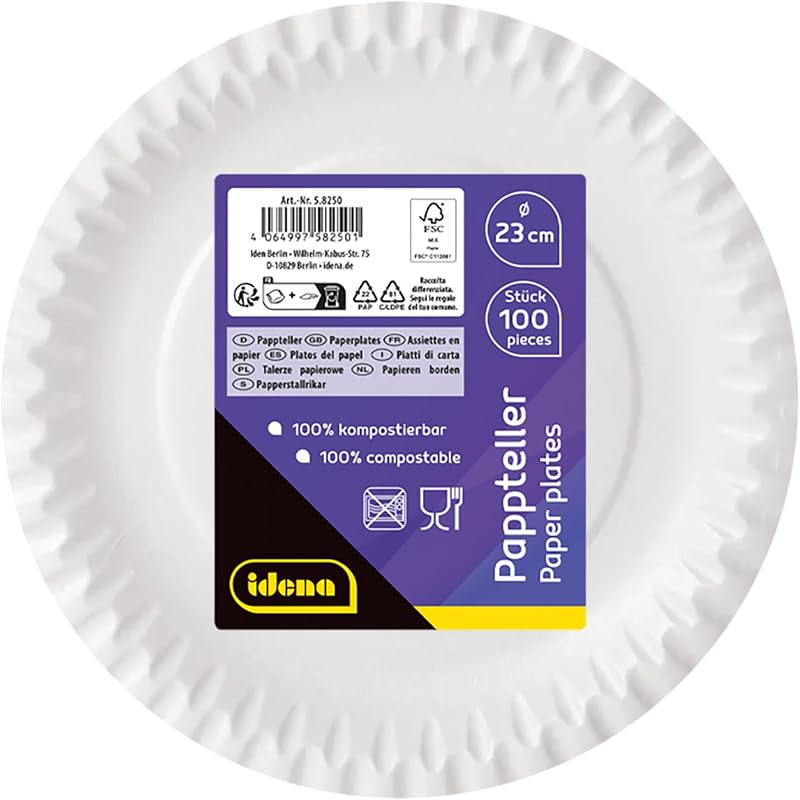 Idena 58250 - White party plate, 100 pieces, diameter 23 cm, ecological & compostable, Paper plate, Paper plat