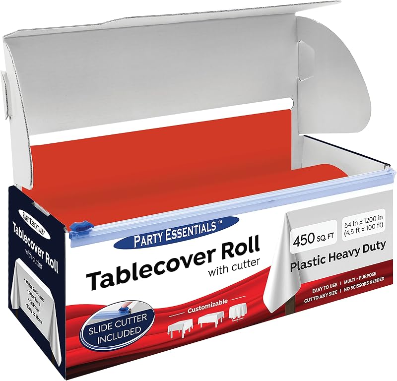 Party Essentials 54" x 100ft Premium Plastic Tablecloth Roll for Banquet with Cutter Red