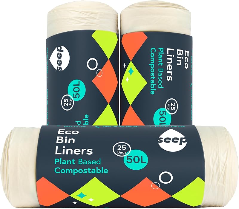 SEEP 50 L Eco Bin Liners - Kitchen Bin Bag - 50L High Resistant Bin Bag - 100% Compostable - Alternative to Bl