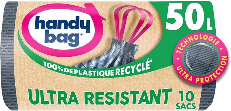 Handy Bag Bin Liners with Sliding Handles Heavy Duty & Leak-Proof Bottom, 100% Recycled Plastic, 1 Roll of 10 
