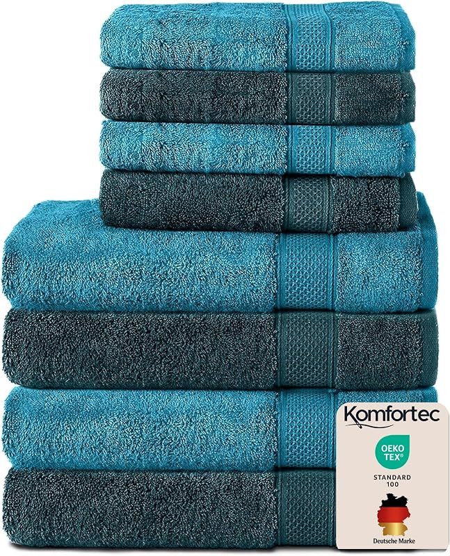 Komfortec 8-Piece Towel Set, 4 Bath Towels 70 x 140 cm and 4 Hand Towels 50 x 100 cm, 100% Cotton, Turquoise/P