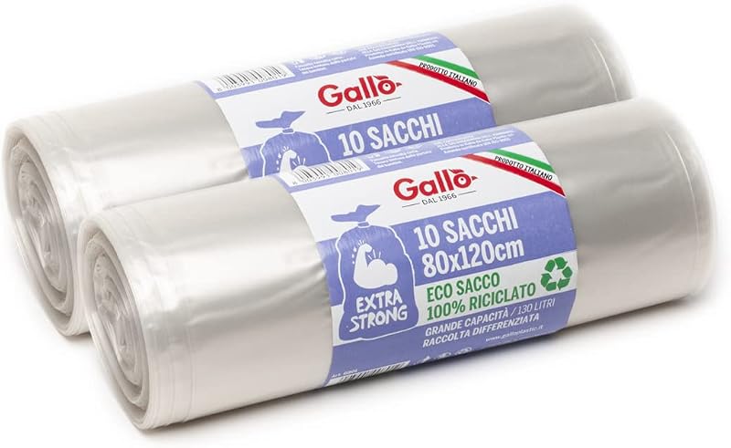Gallo, Pack of 20 Recycled Plastic Bin Liners, Extra Long, 80 x 120 cm, Transparent