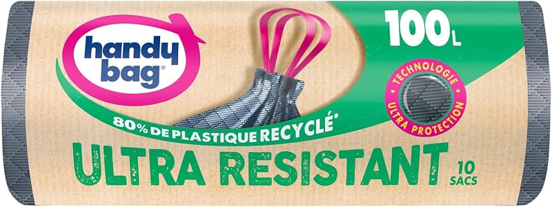 Handy Bag - Heavy duty bin bags with sliding handles 100L x 10 bags - Ultra Protection: triple layer film and 