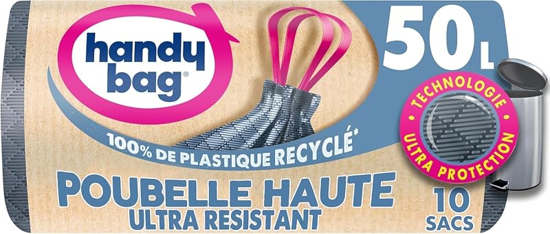 Handy bag Rouleaux de 15 Sacs poubelle 50 L POUBELLE HAUTE Ultra Résistant, 80% de plastique recyclé, Fermetur