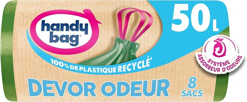 Handy bag Rouleaux de 8 Sacs poubelle 50 L DEVOR ODEUR, 80% de plastique recyclé, Fermeture à poignées couliss