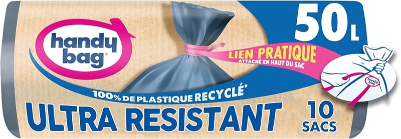 Handy bag Rouleaux de 10 sacs Poubelle 50 L ULTRA RESISTANT, 80% de plastique recyclé, Fermeture à lien pratiq