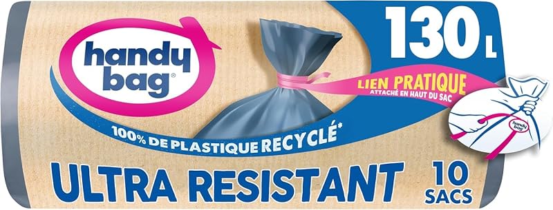 Handy bag Rouleaux de 10 sacs Poubelle 130 L ULTRA RESISTANT, 80% de plastique recyclé, Fermeture à lien prati