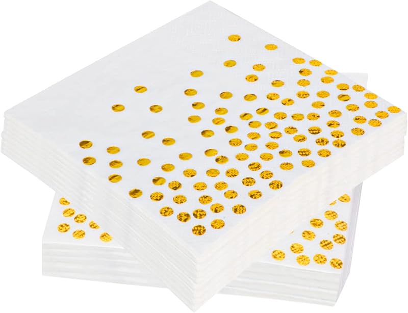60 Gold Polka Dot Paper Napkins 33 x 33 cm – 3 Layers for Birthdays, Weddings and White Parties