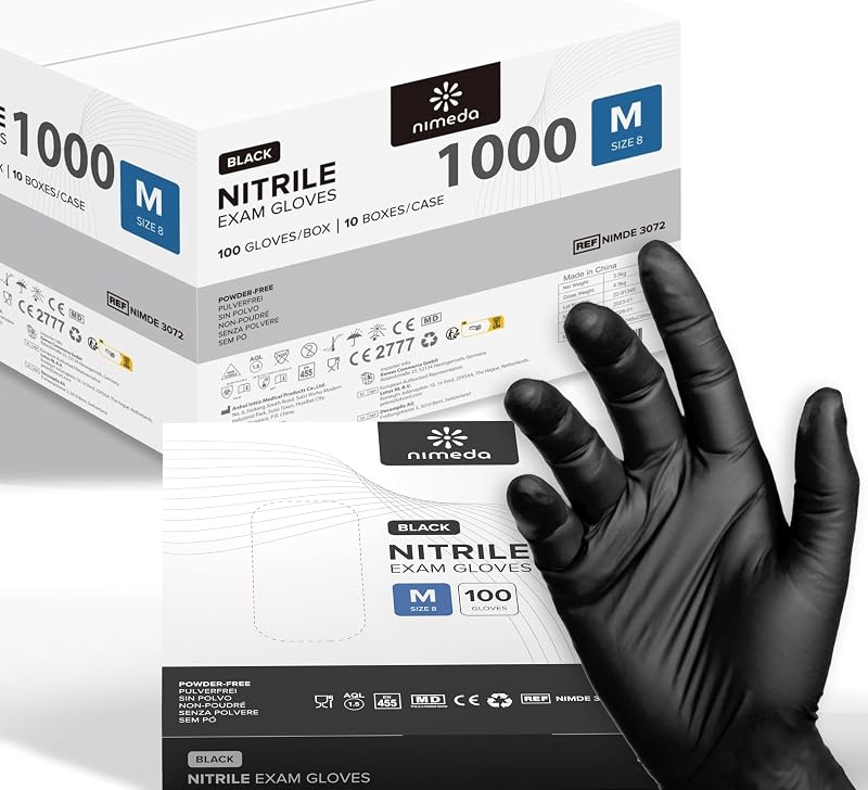 Kemes 1000 x Nitrile Disposable Gloves, Latex Free Powder Free, Nitrile, Size S | M | L | XL (Medium, Black, 1