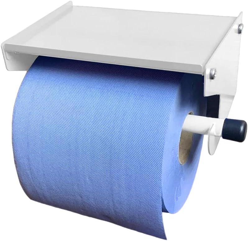 MegaMaxx Blue Paper Roll Holder with Storage Shelf - Wall Mounted Industrial Paper Towel Dispenser (White)