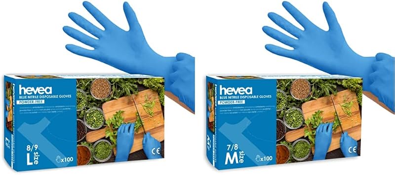 Hevea - Disposable Nitrile Gloves - Talcum and Latex Free Box of 100 Gloves Large Blue & Disposable Nitrile Gl
