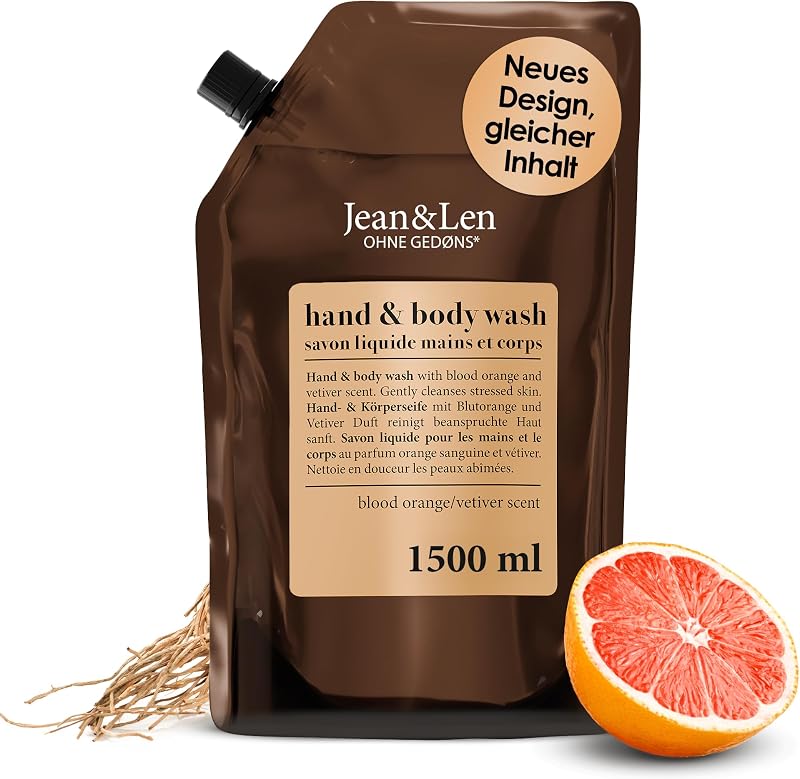 Jean & Len Hand & Body Wash Orange Sanguine & Vetiver, cleans and cares the skin when washed, fruity and woody