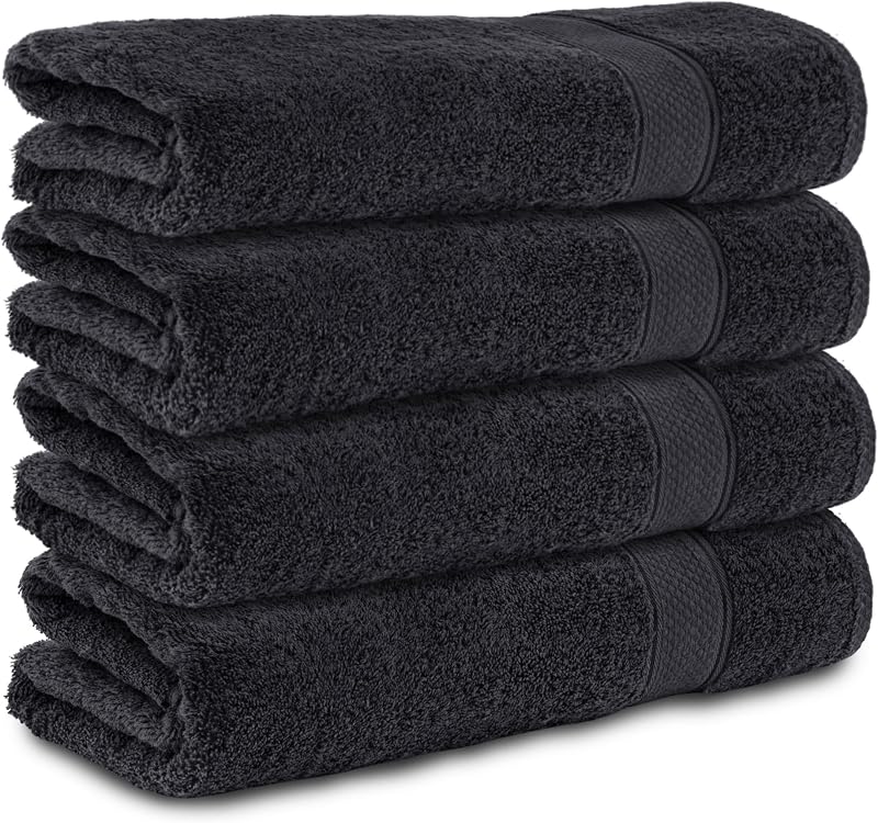 Komfortec Set of 4 Towels 50 x 100 cm, 100% Cotton, Soft and Absorbent, Hand Towels, Black