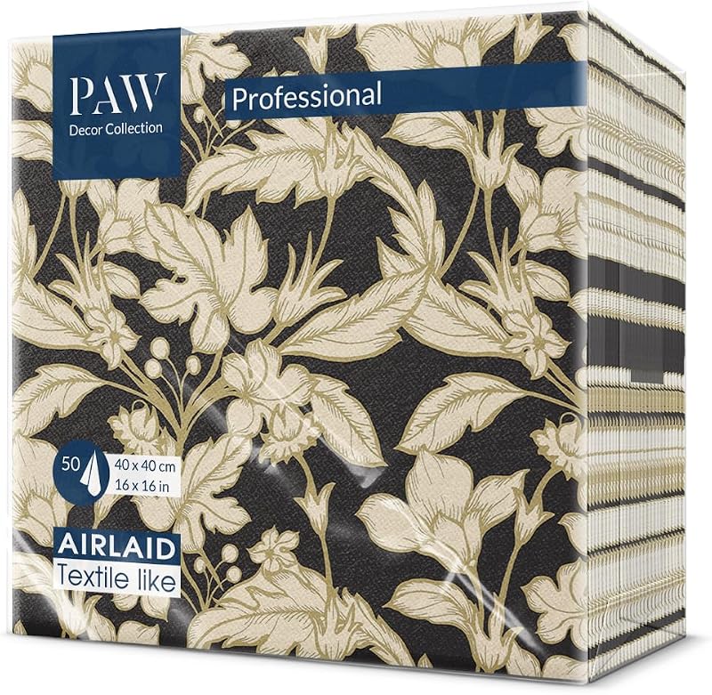 PAW Paper Napkin – Airlaid (40 x 40 cm) I Gold, Leaves, Flowers Decoration for Birthday, Wedding, Christening 