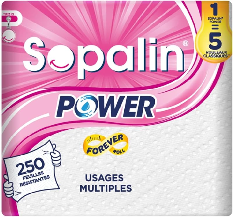 Sopalin Power Multi-Purpose Kitchen Towel, 1 Roll Power Equals 5 Classic Rolls, 250 Sheets, Ultra Resistant, W