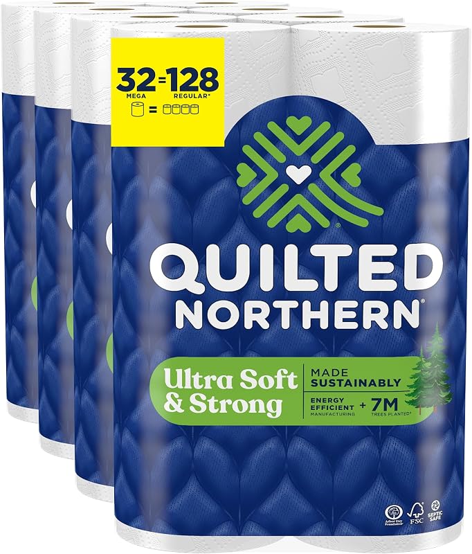 Quilted Northern Ultra soft and strong toilet paper with paper wrap, 32 mega rolls = 128 regular rolls