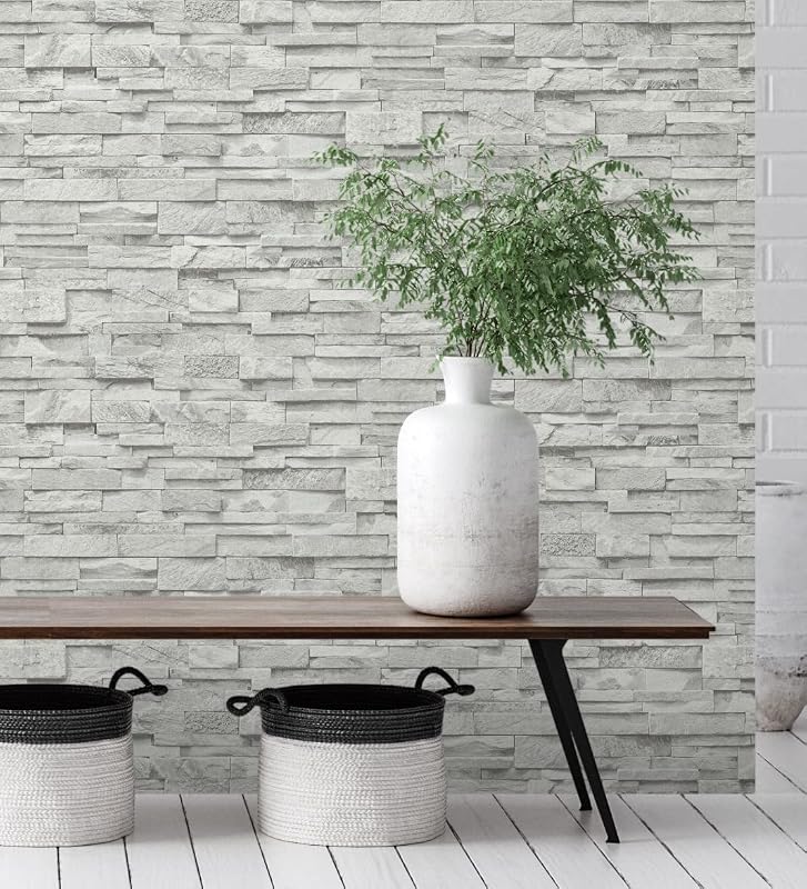 GAULAN 127673 White Embossed Textured Slate Stone Wall Vinyl Wallpaper for Wall Living Room Kitchen Bath Dinin