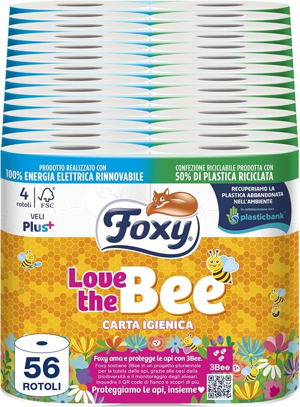 Foxy Love the Bee | Toilet Paper 56 Rolls of 225 Rips | 2 Ply Thick | FSC | 100% Renewable Electricity | Recyc
