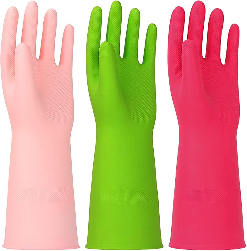 HINSOCHA 3 Pairs Latex Free Reusable Nitrile Rubber Cleaning Gloves, Large (Green+Pink+Red, 13")