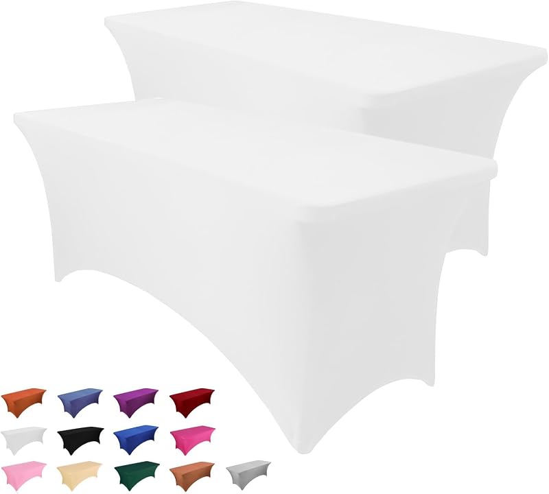 Heochy 6FT White Stretch Tablecloth for Standard Folding Tables, Washable Wrinkle Free Stretch Table Cloths fo