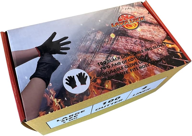 LavaLock Lot de 100 gants de barbecue jetables en nitrile avec doublure en coton pour la cuisine en plein air,