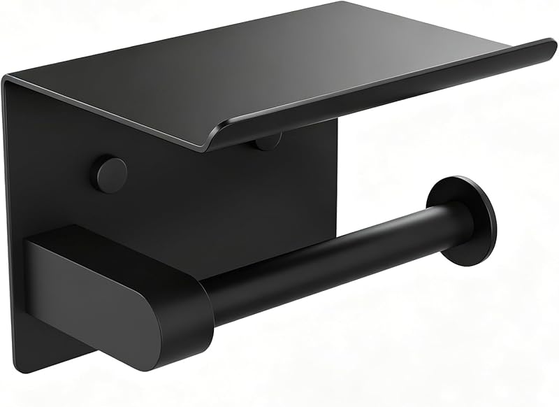 Ibergrif MK34053B Toilet Paper Holder with Shelf, Steel Roller, Black | Self Adhesive Toilet Paper Holder or w