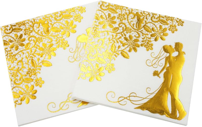 60 x Gold Paper Napkins, 3 Ply, Disposable Biodegradable Paper Napkins, Cocktail Napkins for Birthdays, Weddin