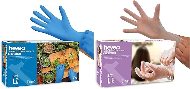 Hevea - Disposable Nitrile Gloves Talc and Latex Free Box of 100 Gloves Size: L Colour: Blue & Disposable Viny
